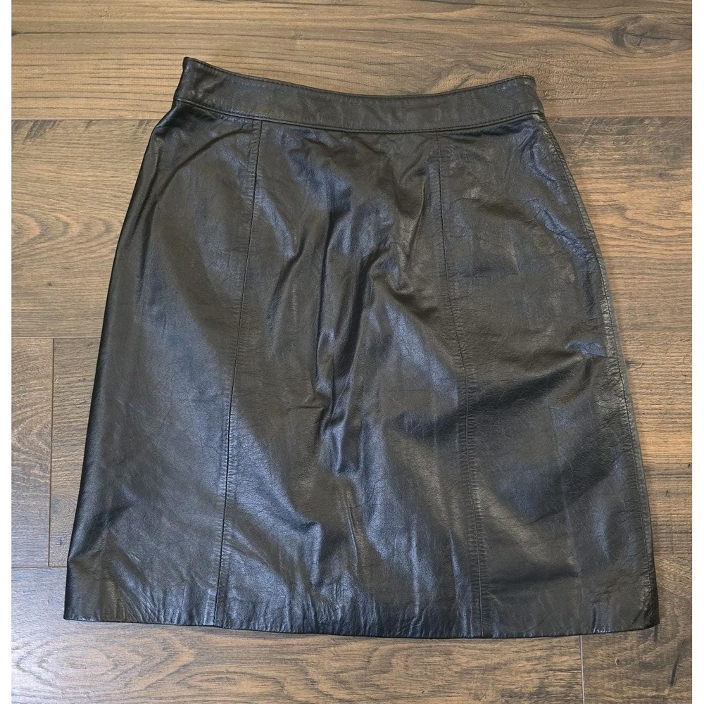 Vintage 90s Bermans 100% Leather Mini Skirt 8 Black A-Line Grunge Y2K Rocker‎